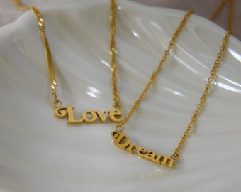18K Gold Love Dream Pendant Necklace Gold Charm Gift For Lover Her, Personalized Gift Statement Waterproof Necklace Dream Love Mama Sister