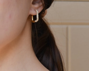 Gold Filled Crystal Hoop Earrings, Gold Huggie Hoops • Rectangle Oblong Hoop Earrings • Elegant Mom Earrings, Best Christmas Gift For women