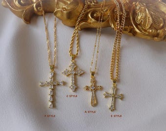 Gold Filled Cross Necklace Gold Religious Cross Charm Unisex Women Men Necklace Pray Christian Faith Pendant WATERPROOF Everyday Jewelry
