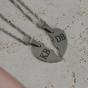 Puzzle Half Split Heart Necklace • Personalized Couple Silver Set Birthday Anniversary Initials Engraved • WATERPROOF Gifts for Him Her Mom