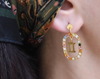 Zodiac Sign Earrings ・ Gold Horoscope Dangle Girl Earrings with Colorful Crystals ・ Astrology Jewelry Gift (12 Signs Available) Gift For Her