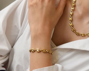 Gold Coffee Bean Bracelet for Women- Gold Filled Stainless Jewelry Set- Link Choker Bracelet- Best Gift Set- Waterproof Necklace Anklet Set