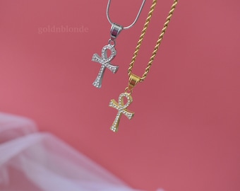 Sterling Silver Ankh Key of Life Cross Necklace, Gold FILLED Ankh Necklace, Pray God Pendant Ankh Necklace Waterproof Jewelry Gift for Her