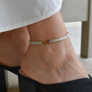 Gold Crystal Baguette WATERPROOF Summer Anklet Ankle Bracelet Payal Women Mens Body Jewelry Zircon Stone Filled Set Non Tarnish Friend Gift