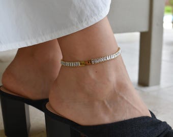 Gold Crystal Baguette WATERPROOF Summer Anklet Ankle Bracelet Payal Women Mens Body Jewelry Zircon Stone Filled Set Non Tarnish Friend Gift