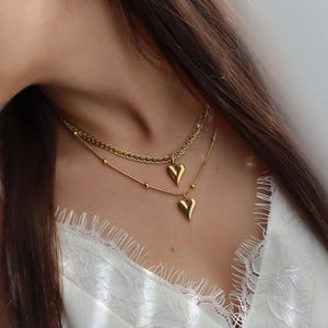 18K Gold FILLED Heart Shape Necklace・Heart Love Pendant Women Solid Jewelry Herringbone Bead Chain Waterproof・Personalized Gift Mom Daughter