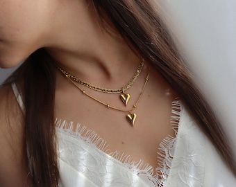 18K Gold FILLED Heart Shape Necklace・Heart Love Pendant Women Solid Jewelry Herringbone Bead Chain Waterproof・Personalized Gift Mom Daughter
