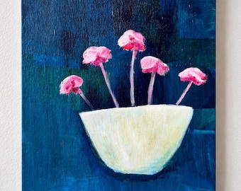 Pintura floral abstracta original – Flores rosas en un cuenco – Naturaleza muerta contemporánea – Obra de arte en lienzo pequeño – Arte de pared azul y rosa