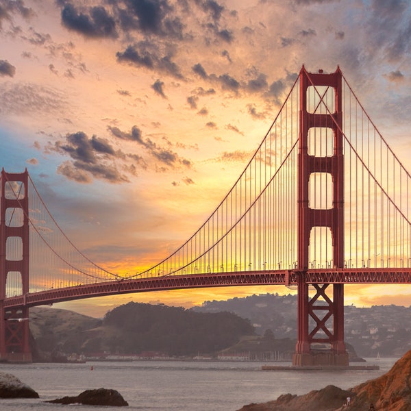 Golden Gate Bridge Sunrise Print, San Francisco Bay Bridge, Canvas Wall Art Photo Prints, Dramatic Landscape, Wall Decor for Home or Office