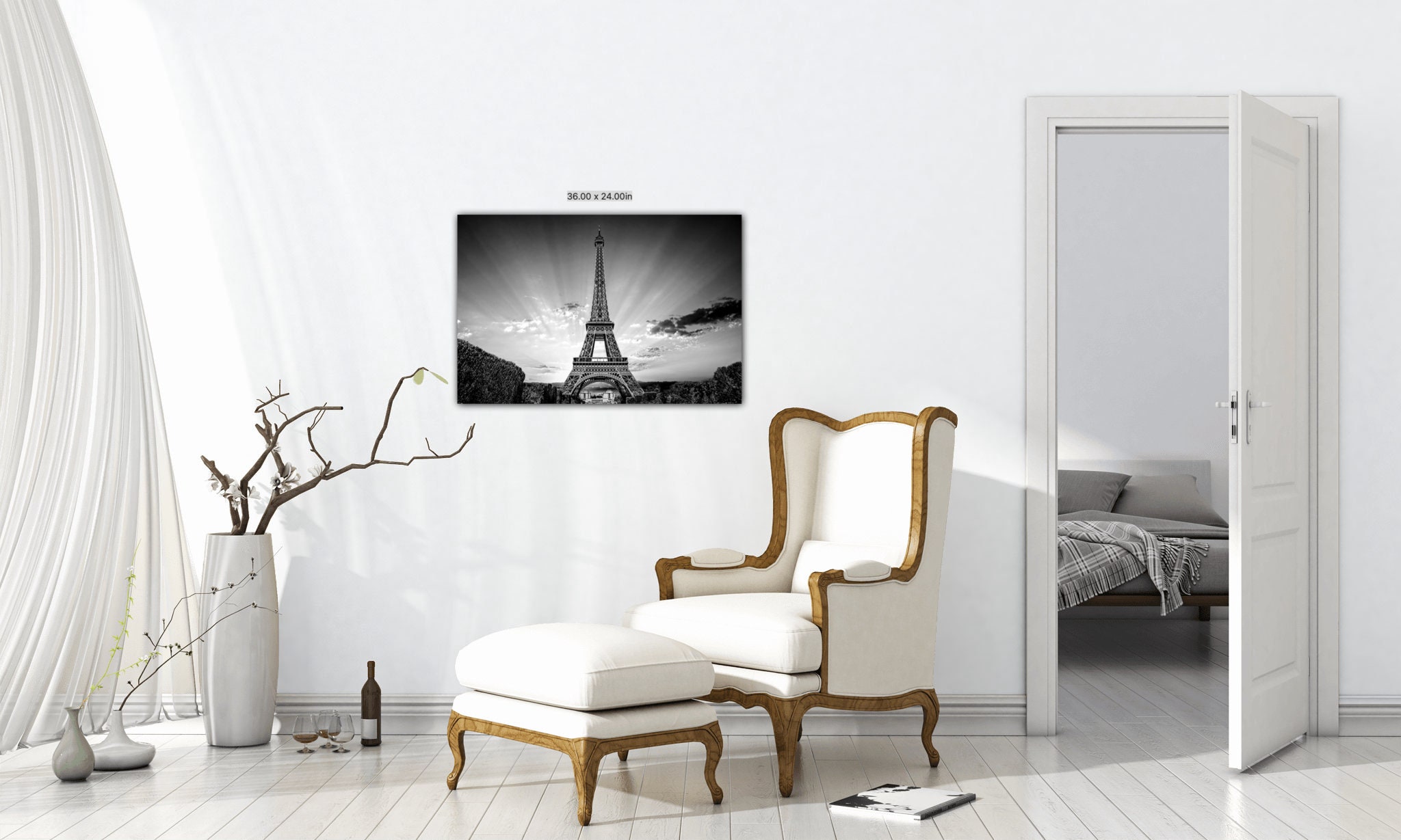 Decorazione da parete incorniciata Parigi Torre Eiffel in bianco e nero Pittura a olio su strada Edifici iconici di Parigi Immagine Romantica stampa su tela per soggiorno (Giallo, 50x75cm