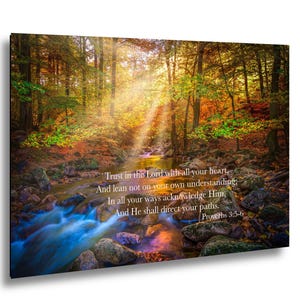 Op de afbeelding: Een ingelijste print met een boslandschap, een rivier en zonlicht. De afbeelding bevat tekst uit Spreuken 3:5-6 in het wit. Het kunstwerk toont een natuurlijk landschap met herfstkleuren en een stromende rivier.