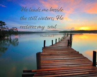 Psalm 23:2-3 Lake Pier Sunrise,Inspirational Canvas Wall Art Prints-Ideal Religious Wall Decor for Home, Living Room, Bedroom and Kitchen