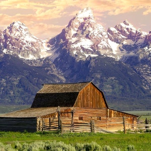 Grand Teton National Park Fotodruck, Moulton Barn, Berg Leinwand Wandkunst, Historische Landschaft, Wanddekoration für Haus oder Büro