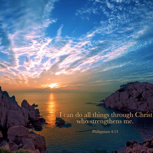 Philipper 4:13, Ozean Sonnenuntergang, Christus stärkt mich, Inspirational Leinwand Wand Kunst Drucke, Schrift Landschaft, christliche Wanddekoration