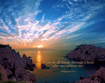 Philippians 4:13, Ocean Sunset, Christ Strengthens Me, Inspirational Canvas Wall Art Prints, Scripture Landscape,  Christian Wall Decor