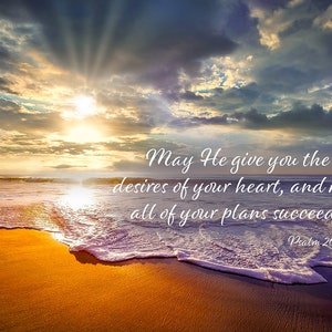 Psalm 20:4, Inspirational Canvas Wall Art Prints, Sunset Beach, Christian Canvas Art, Christian Religious Decor for Home