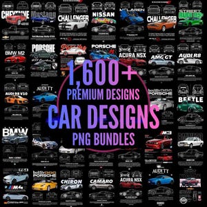 Op de afbeelding: Een zwarte afbeelding met verschillende auto-ontwerpen, waaronder modellen van Porsche, BMW en Nissan. De afbeelding bevat de tekst "1.600+ Premium Designs Car Designs PNG Bundles."
