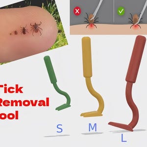 May include: Three tick removal tools in green, yellow, and red, labelled S, M, and L. The image also shows a diagram of how to remove a tick and a close-up of ticks on a finger. The text reads "Tick Removal tool".