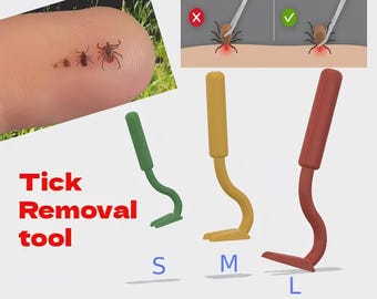 May include: Three tick removal tools in green, yellow, and red, labelled S, M, and L. The image also shows a diagram of how to remove a tick and a close-up of ticks on a finger. The text reads "Tick Removal tool".