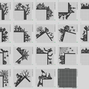 Może przedstawiać: Kolekcja czarnych wzorów narożnych na Halloween. Każdy wzór zawiera sylwetki dyni, nietoperzy, pająków, czarownic, nawiedzonych domów i drzew. Te elementy dekoracyjne nadają się do rękodzieła lub dekoracji sezonowych.