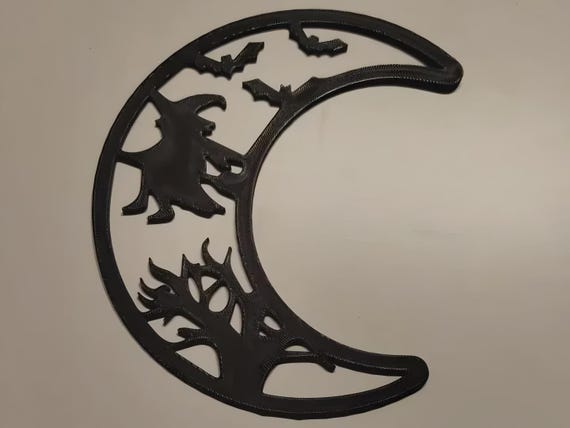 Halloween Moon Wall Art, Haunted House, Bats (3D Printed Flat Design)