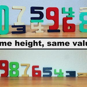 May include: Wooden number blocks in various colors, including green, red, and blue, arranged to demonstrate mathematical concepts. The text "Same height, same value!" is displayed below the numbers.