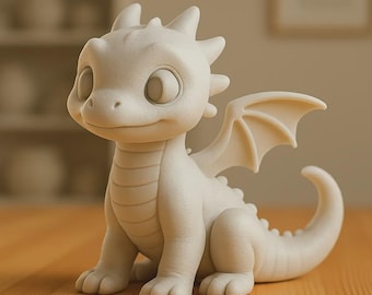May include: A white, ceramic dragon figurine with large, expressive eyes and small, pointed horns. The dragon has detailed wings and a curved tail, sitting on a wooden surface. The figurine is a charming decorative item.