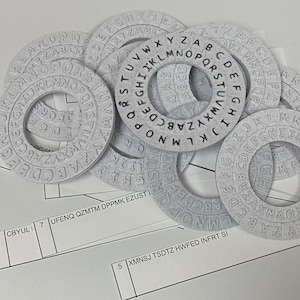 Op de afbeelding: Een verzameling lichtgrijze cijferwielen met gegraveerde letters en cijfers. De wielen zijn gerangschikt op een witte ondergrond met bedrukte tekst en lijnen. De letters van het alfabet zijn zichtbaar op de wielen.