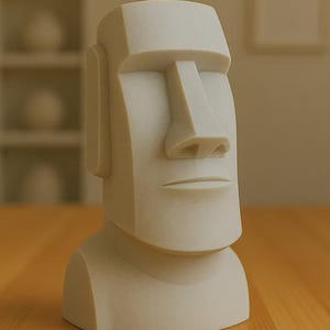 以下が含まれることがあります： イースター島のモアイ像、薄いベージュ色の彫刻。大きな長方形の頭、目立つ鼻、そして明確な顎が特徴です。木製の表面に置かれています。