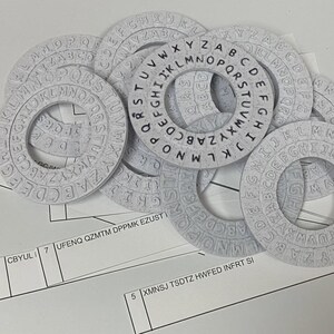 Op de afbeelding: Een verzameling lichtgrijze cijferwielen met het alfabet rond de buitenrand. De wielen zijn op elkaar gestapeld, waarbij sommige andere gedeeltelijk bedekken. De achtergrond bevat bedrukte vellen met tekst en cijfers.