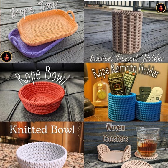 3D Printable Rope-Themed Home Decor Combo Pack – Tray, Pencil Cup, Rope Bowl, Remote Holder, Coasters & More