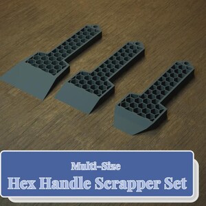 May include: Three gray multi-size hex handle scrapers are displayed on a brown surface. The scrapers have a flat blade and a handle with a honeycomb pattern. The text "Multi-Size Hex Handle Scrapper Set" is in a blue rectangle.