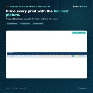 May include: A digital Bismuth 3D Print Pricing Calculator Excel workbook for makers and small print shops. The graphic features the text BISMUTH 3D PRINT PRICING CALCULATOR, BISMUTH TOOLS, and a preview of a spreadsheet with columns for cost analysis.