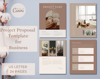 May include: A digital project proposal template for business featuring 24 pages in US letter size. The layout uses a brown and beige color palette with sections for project name, about us, and service offers, including placeholders for images and text.