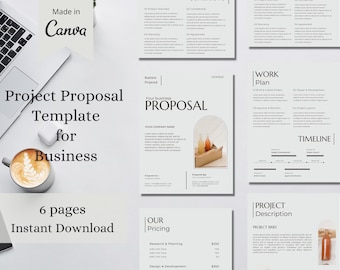 May include: A six-page business project proposal template designed in Canva, featuring sections for project overview, work plans, timelines, and pricing. The layout includes clean typography, arched image placeholders, and professional document structures.