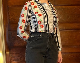 Vintage Ship N Shore Red Floral And Black Stripe Henley Blouse S