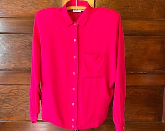 Vintage Silk Blouse Bright Pink Fuscia Dolman Sleeves Saks Fifth Ave M