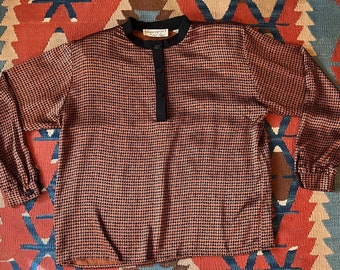 Vintage Blassport Bill Blass Silk Henley Blouse Bronze and Black Houndstooth L