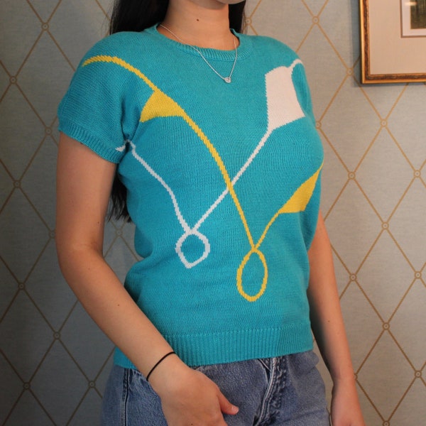 Vintage Jaymee Papell Turquoise Knit Sweater Shirt Flag Pattern size S