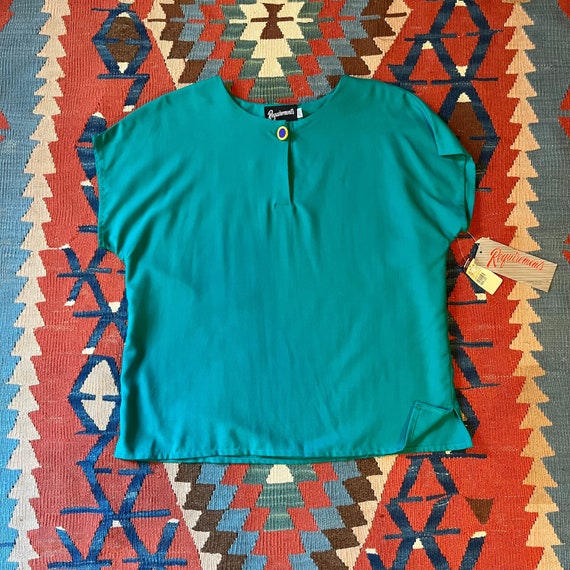 Vintage Teal Green Capped Sleeve Blouse Requireme… - image 1