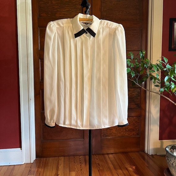 Gauzy White and Black Tipped Tuxedo Front Blouse … - image 1