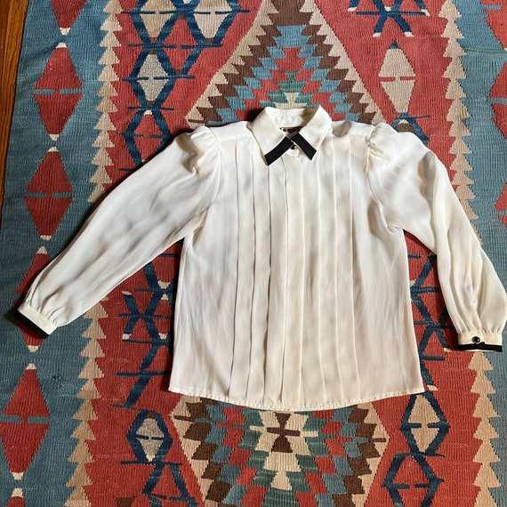 Gauzy White and Black Tipped Tuxedo Front Blouse … - image 4