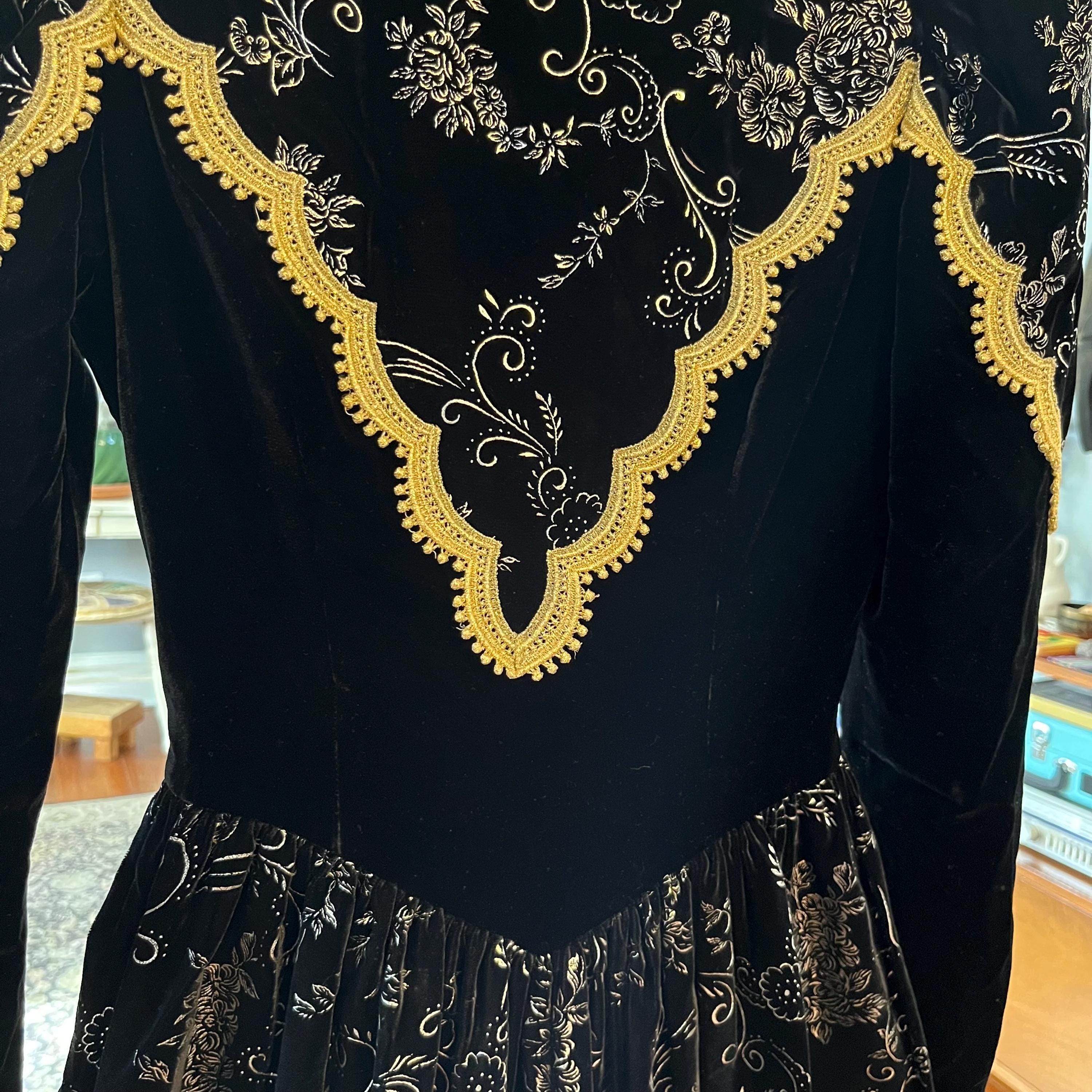 Vintage Jessica McClintock Gown Black Velvet Gold Floral and Trim XS/S