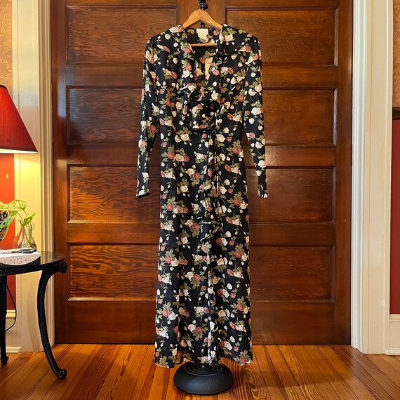 Vintage Moda Intl Sheer Wrap Dress Black Floral S… - image 3