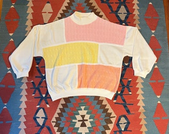 First Run Colorblock Knit Yellow Peach Pink Pastel Fleece Sweatshirt L