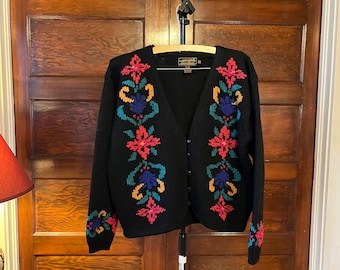 Vintage Black and Floral Knit Cardigan Eddie Bauer Medium