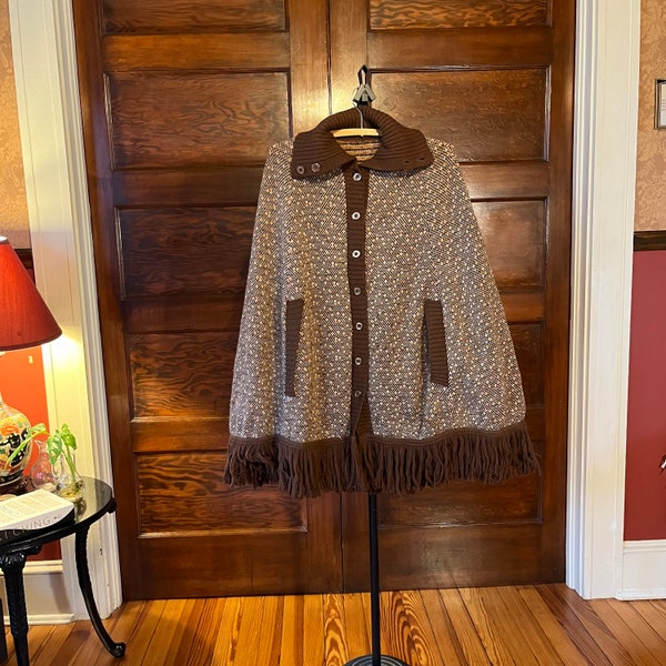 Vintage Brown Confetti Knit Fringe Cape Poncho OS/M