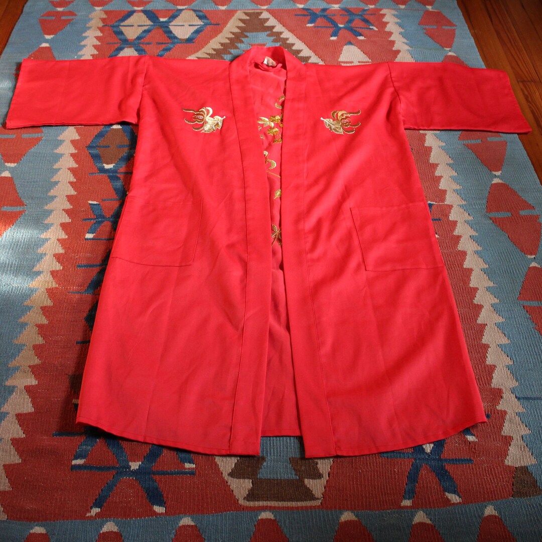 Red Flower Robe Bright Red Robe With Gold Floral Embroidered Design - Etsy