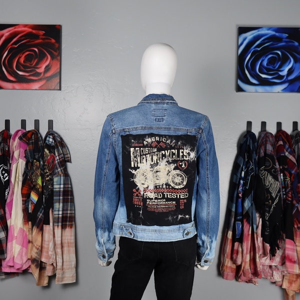 Handmade Upcycled Bleach Dip Distressed Denim Jacket American Motorcycles Size Small One of a Kind