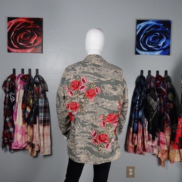 Handmade Upcycled Military Air Force Digital Camouflage Distressed Jacket Shacket Rose Applique One of a Kind